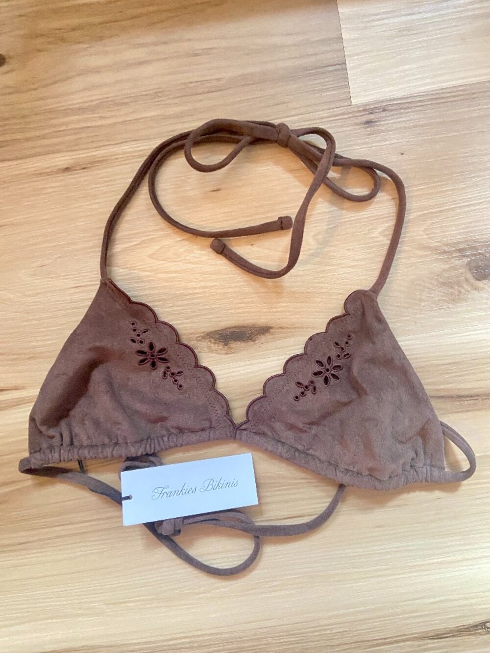 NEW! RARE Frankies Bikinis Brown Suede Floral Eyelet Triangle Swim Top Small NWT